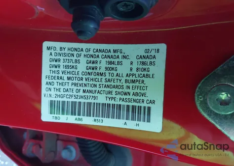 2018 Honda Civic Lx z USA, uszkodzony, nr VIN 2HGFC2F52JH537791